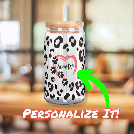 Iced Coffee or Tea Glass with Wooden Lid and Straw Leopard Print Personalized with Your Pet’s Name