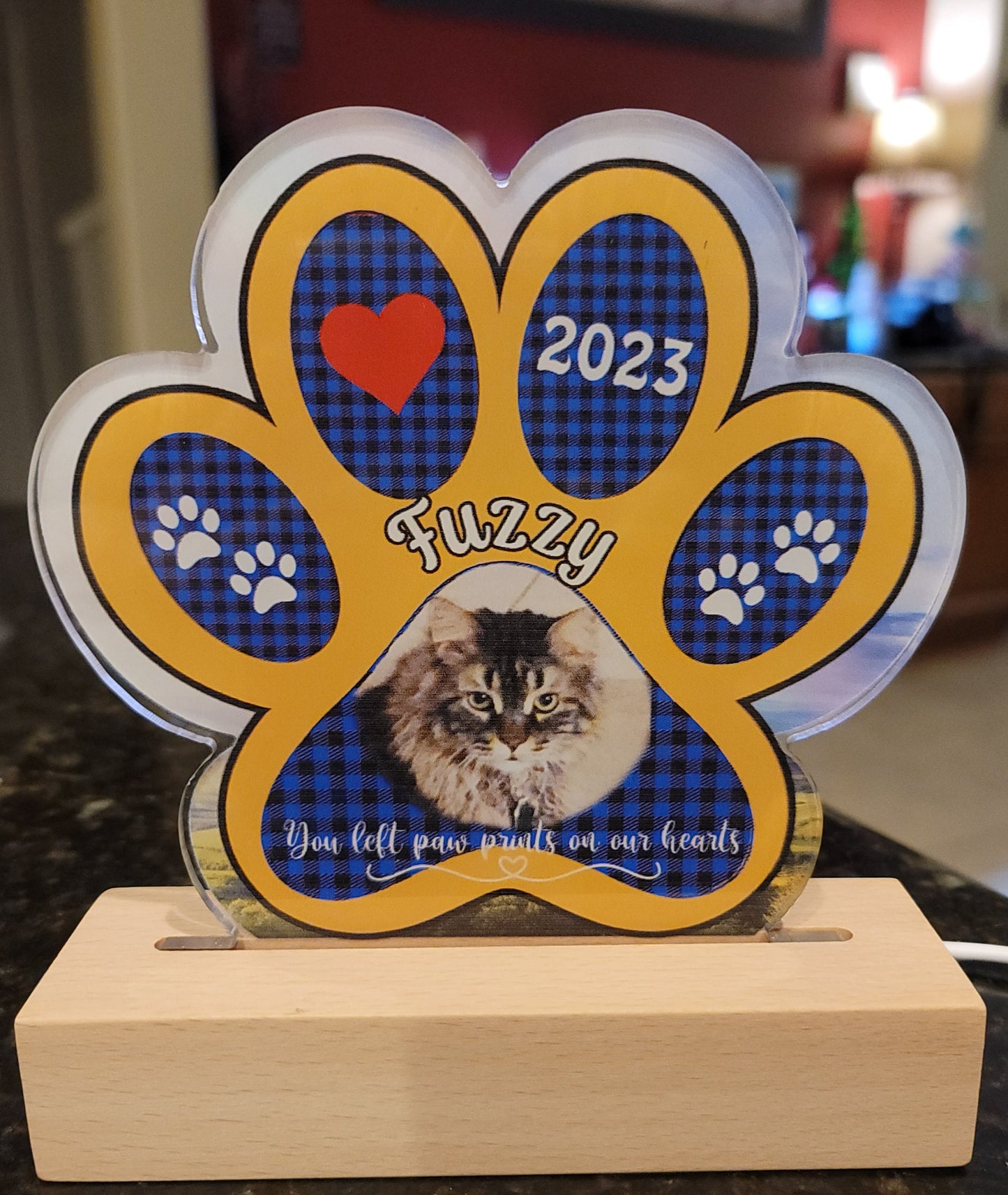 Paw Print Acrylic Plaque with Wooden Base