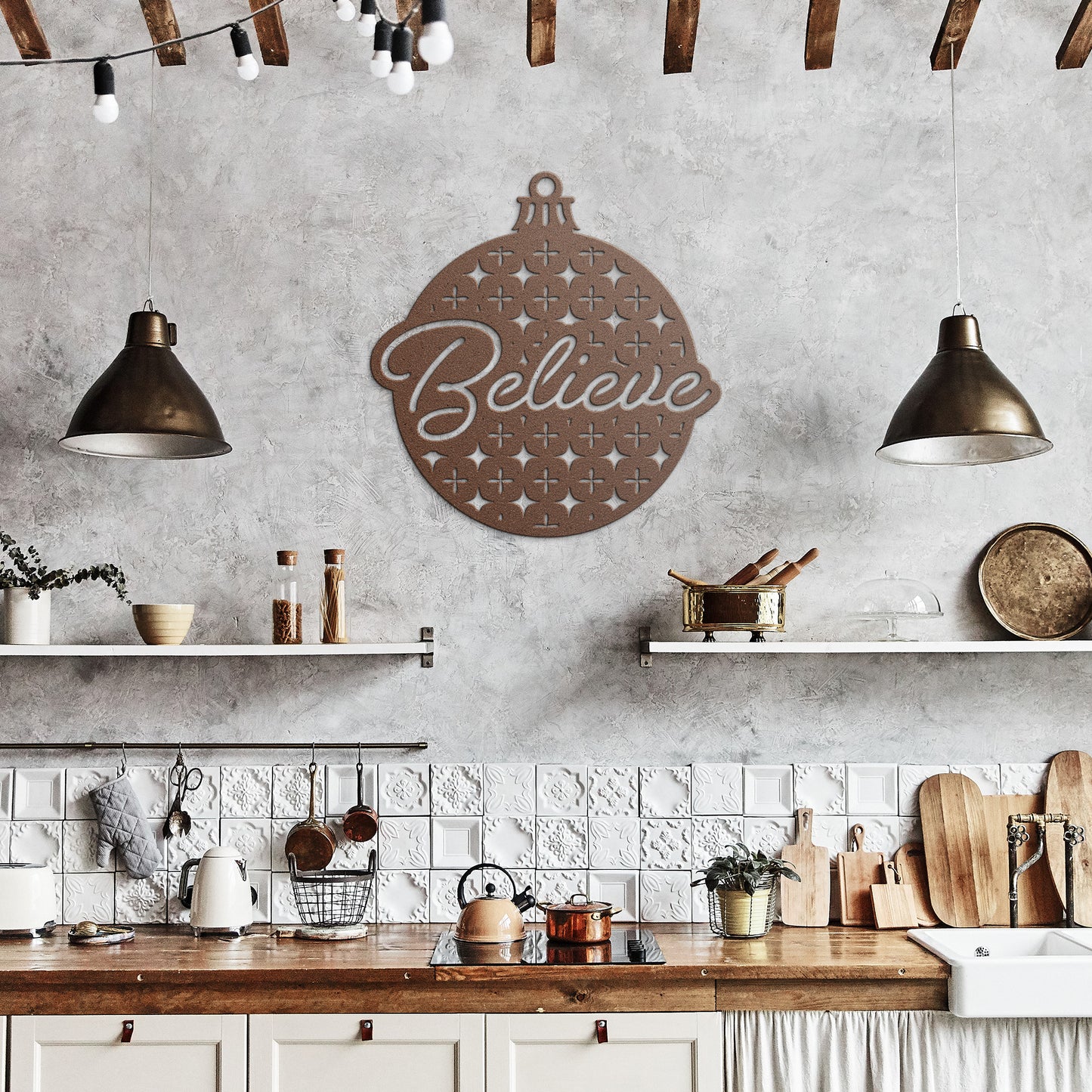 Believe Bauble Holiday Metal Art Steel Sign, Indoor one Outdoor sign for Holidays