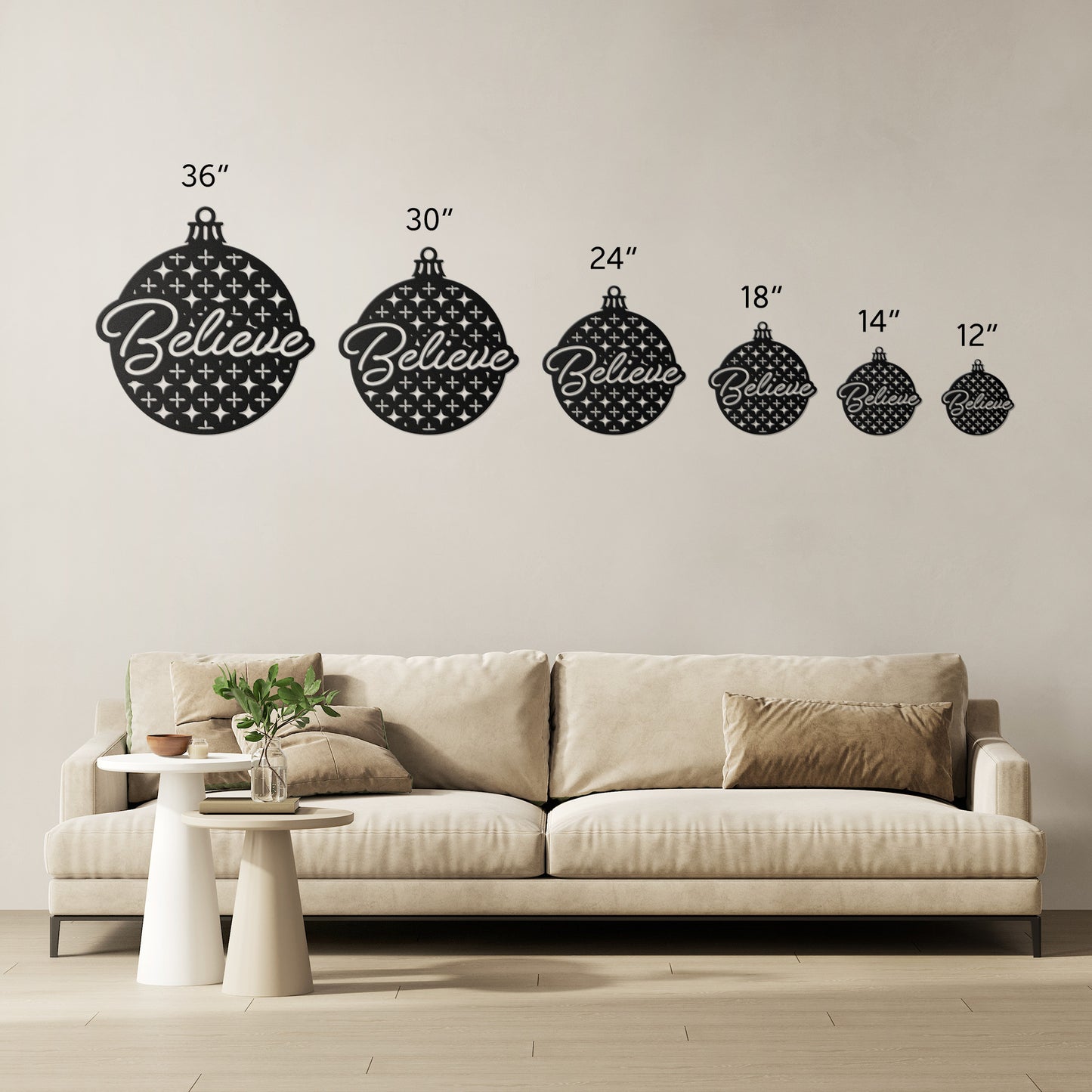 Believe Bauble Holiday Metal Art Steel Sign, Indoor one Outdoor sign for Holidays