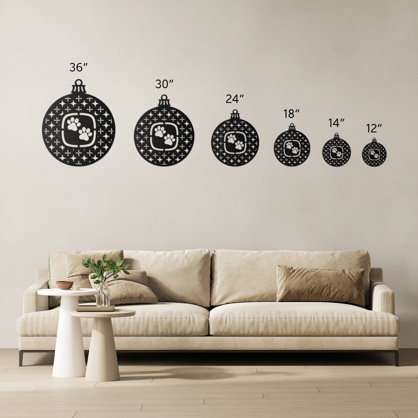 Holiday Paw Print Ornament Metal Art Steel Sign, Bauble Adorned with Pet Paw Prints