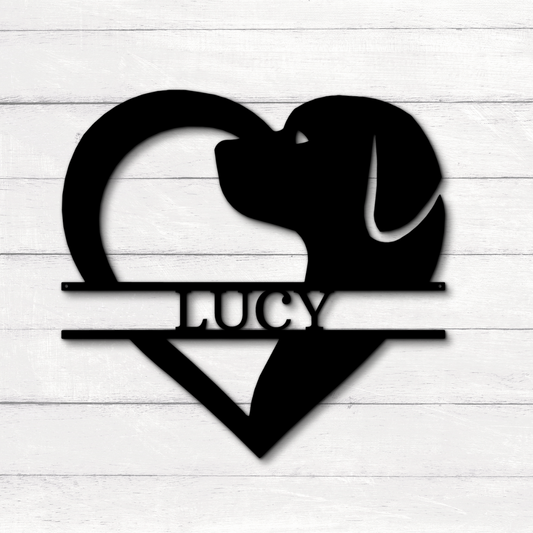 Dog Love Personalized Dog Silhouette in Heart Shaped Steel Sign