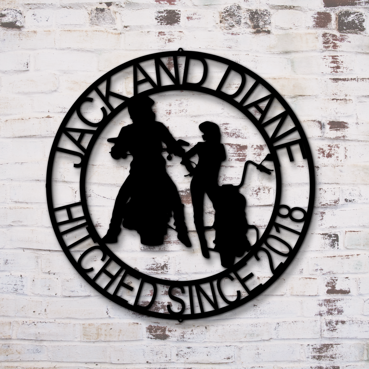 Motorcycle Guy and Gal Round Steel Sign Custom Names and Date