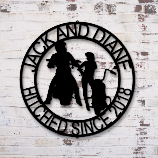 Motorcycle Guy and Gal Round Steel Sign Custom Names and Date