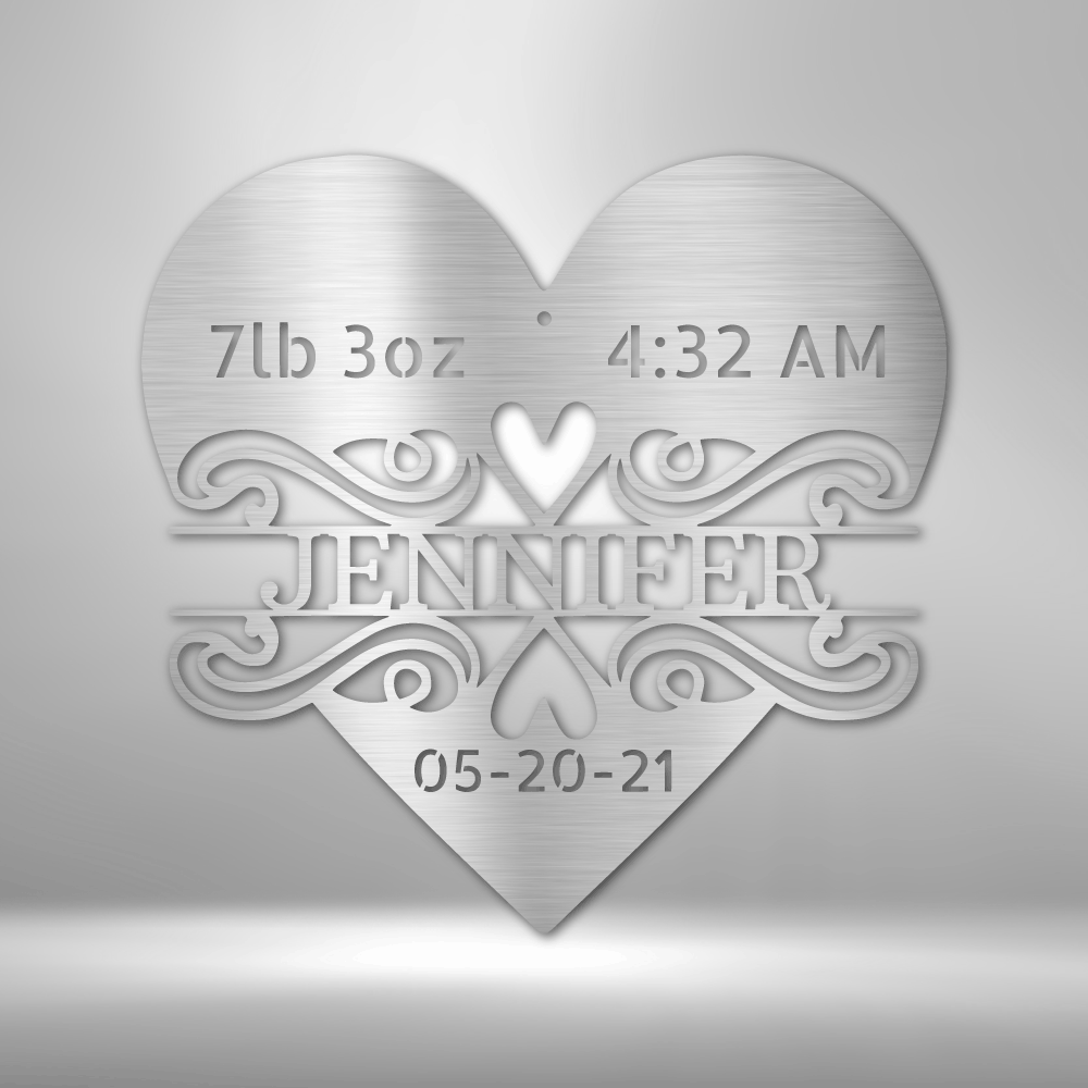 Newborn Baby Love Monogram - Heart Shaped Personalized Steel Sign