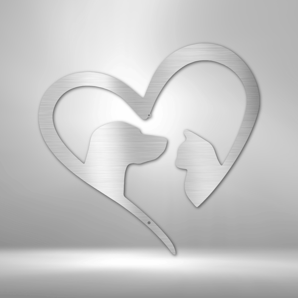 Pets Heart Metal Wall Art, Metal Sign with Heart Dog and Cat, Pet Love Sign