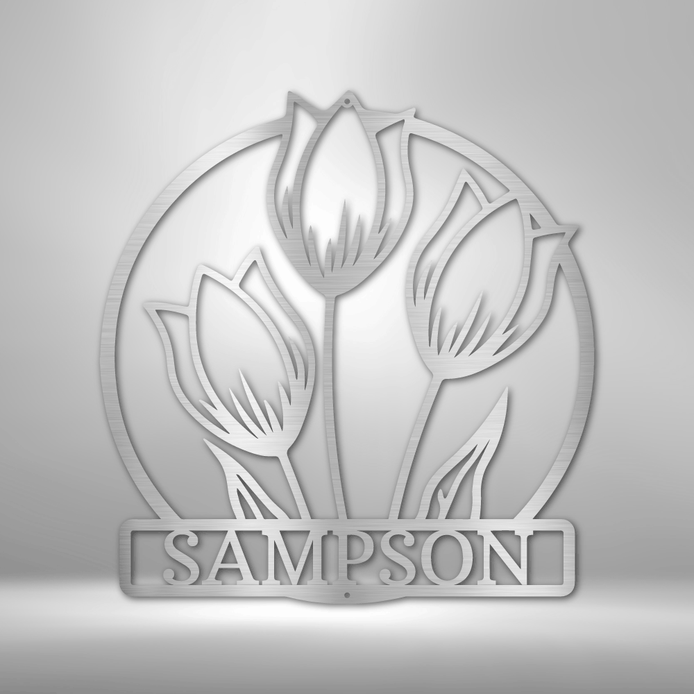 Wild Tulips Personalized Monogram Steel Sign, Family Name Steel Sign with Tulip Flowers