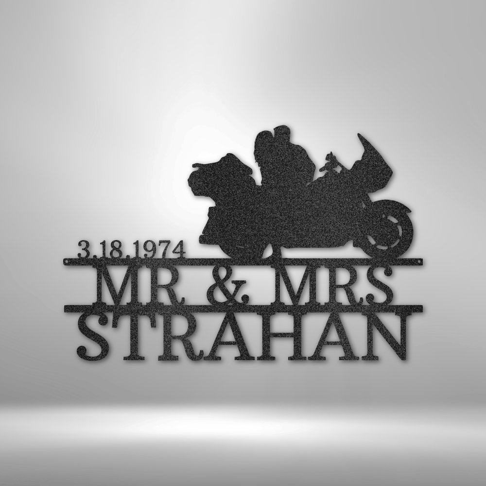 Customized Motorcycle Couple on Bike with Backpack Metal Wall Art Sign, Personalized Sign with Couple's Names and Special Date