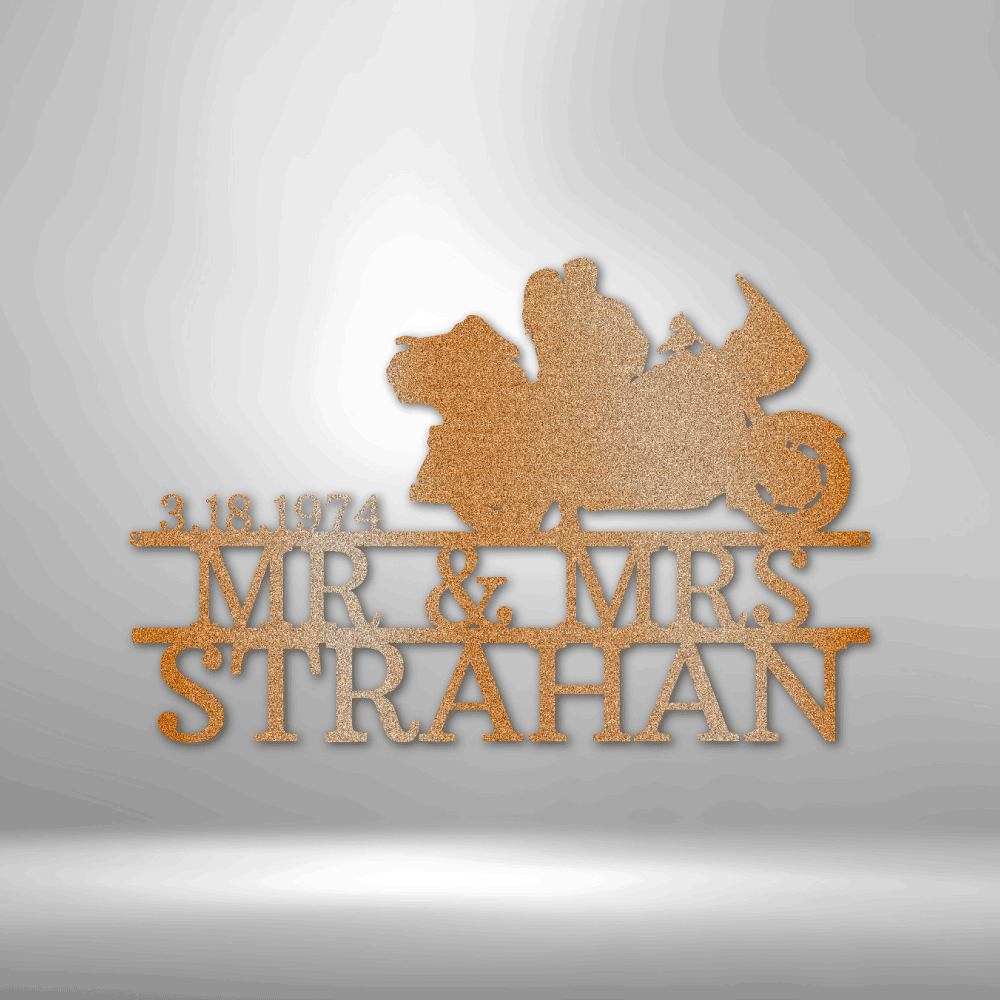 Customized Motorcycle Couple on Bike with Backpack Metal Wall Art Sign, Personalized Sign with Couple's Names and Special Date