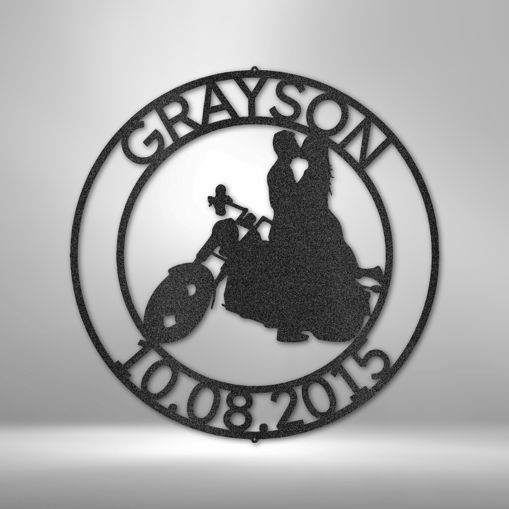 Motorcycle Couple Embrace Round Steel Sign with Couple Name and Date