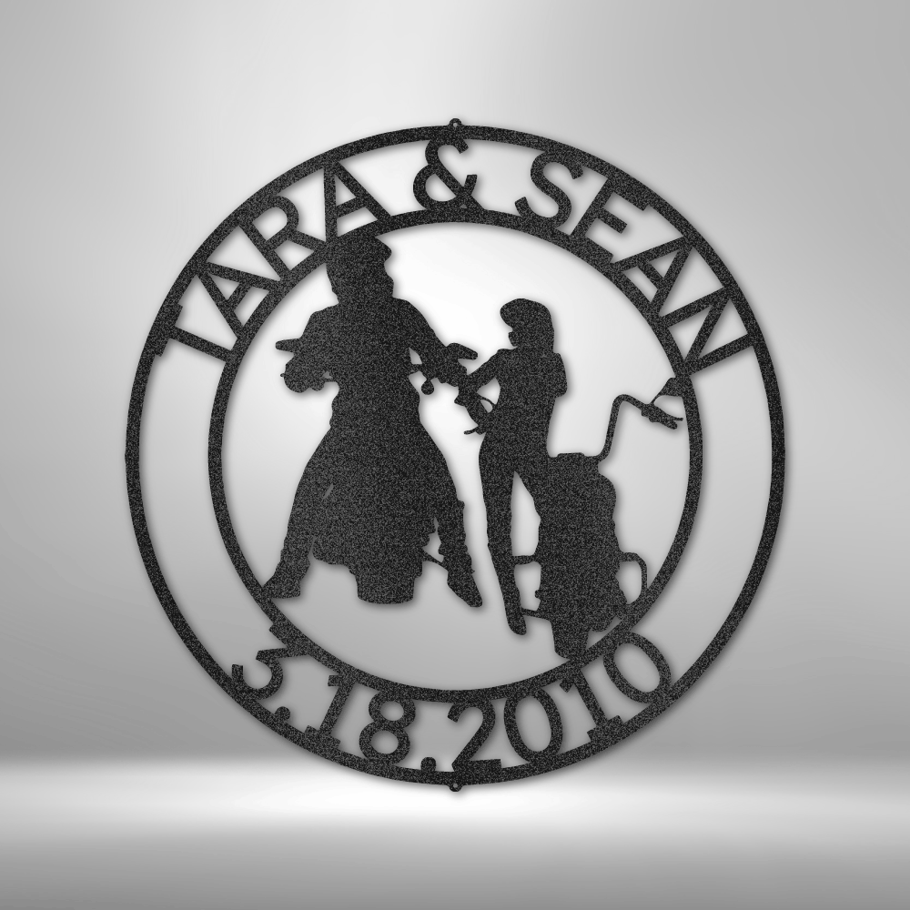 Motorcycle Guy and Gal Round Steel Sign Custom Names and Date
