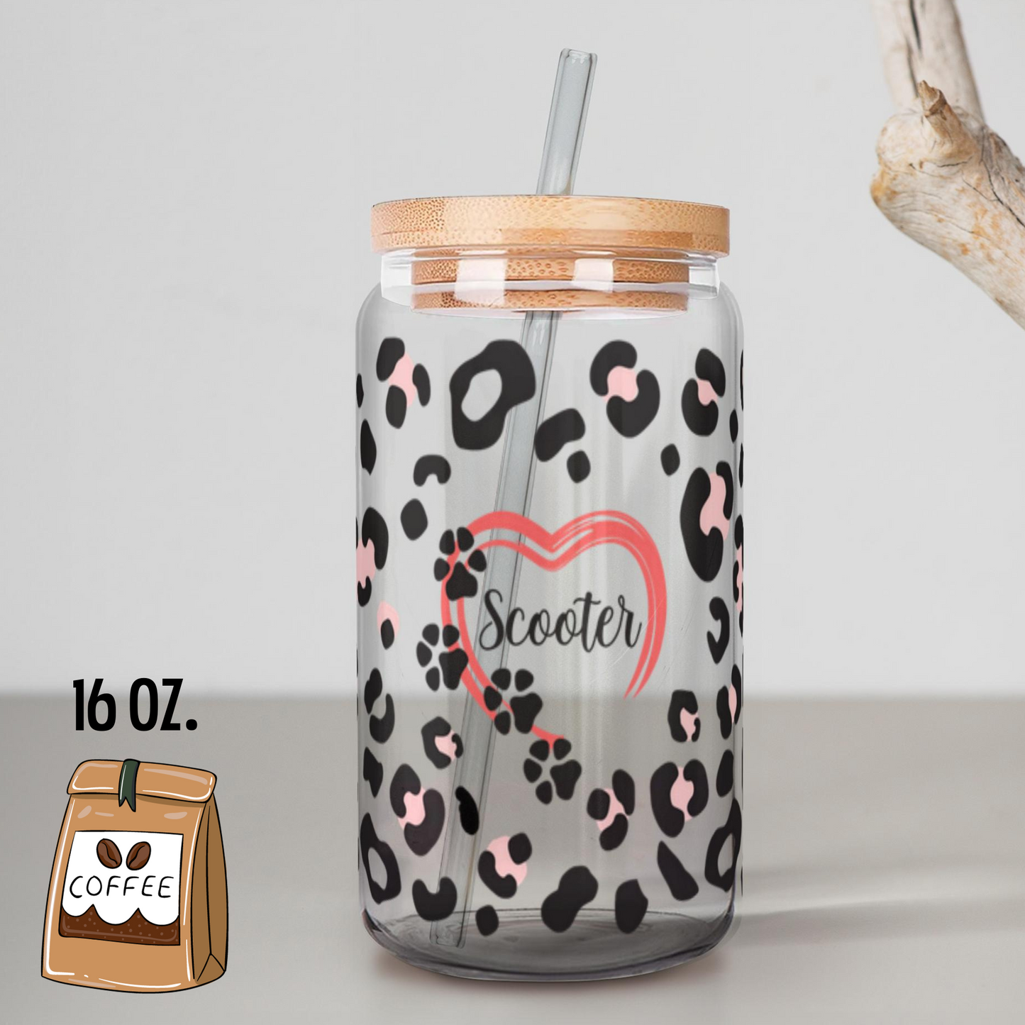 Iced Coffee or Tea Glass with Wooden Lid and Straw Leopard Print Personalized with Your Pet’s Name