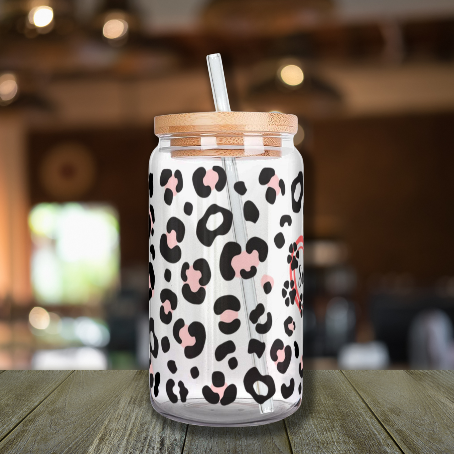 Iced Coffee or Tea Glass with Wooden Lid and Straw Leopard Print Personalized with Your Pet’s Name