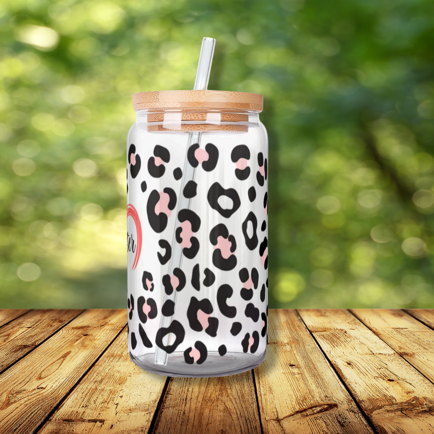 Iced Coffee or Tea Glass with Wooden Lid and Straw Leopard Print Personalized with Your Pet’s Name