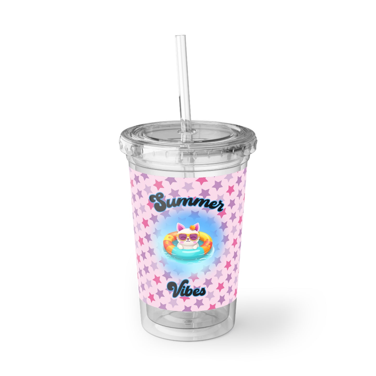 Summer Vibes Cool Cat 16 oz Acrylic Cup with Straw