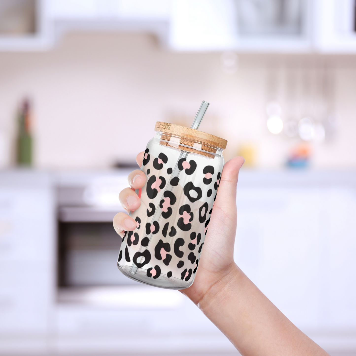 Iced Coffee or Tea Glass with Wooden Lid and Straw Leopard Print Personalized with Your Pet’s Name