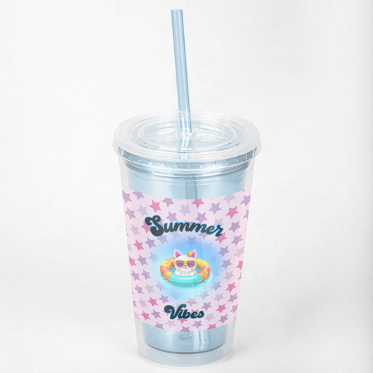 Summer Vibes Cool Cat 16 oz Acrylic Cup with Straw